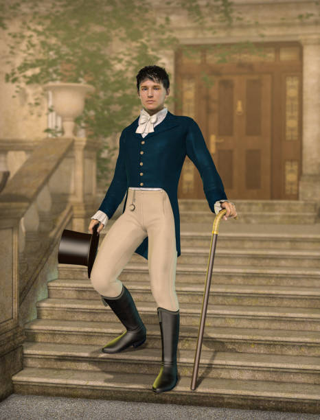 Elegant young gentleman dandy dressed in Regency fashion Elegant young gentleman dandy dressed in Regency fashion holding a hat and walking cane on the footsteps to a impressive mansion, 3d render. regency style stock pictures, royalty-free photos & images
