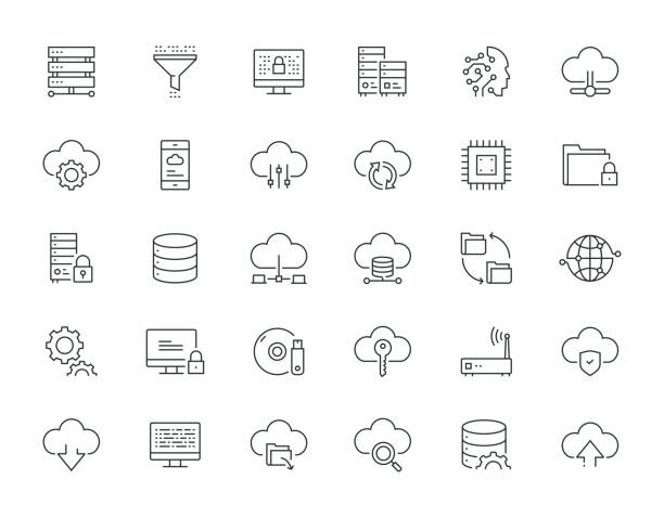 ilustraciones, imágenes clip art, dibujos animados e iconos de stock de big data thin line series - nubes