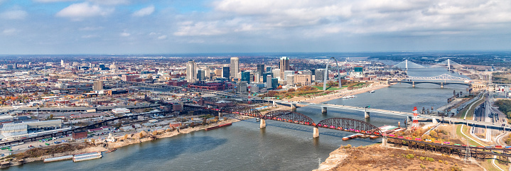 A wide angle view of the St. Louis, Missouri metropolitan area shot from the Illinois side of the Mississippi River from an altitude of about 1000 feet.