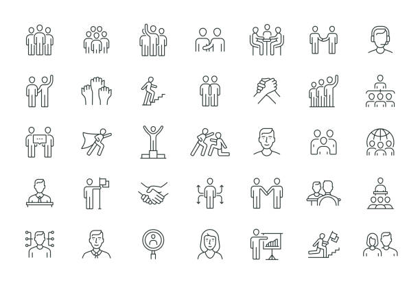 ilustraciones, imágenes clip art, dibujos animados e iconos de stock de business people thin line series - agreement businesswoman togetherness opportunity