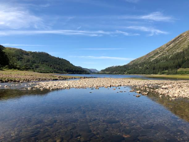 thirlmere steel end approach under summer skies and clear calm lake, thirlmere, english lake district, cumbria, england, united kingdom - woods reflection famous place standing water imagens e fotografias de stock