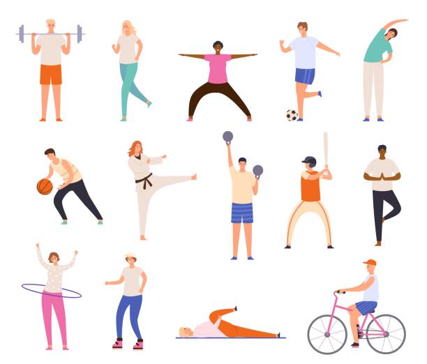 Sport people. Men and women exercise, workout, doing yoga and fitness, run and playing basketball. Healthy lifestyle characters vector set Sport people. Men and women exercise, workout, doing yoga and fitness, run and playing basketball. Healthy lifestyle characters vector set. Riding bicycle, playing baseball and football basketball crowd stock illustrations