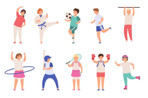 illustrations, cliparts, dessins animés et icônes de les enfants du sport. les enfants jouent au football et au tennis, font de l’exercice et du karaté, courent et boxent. ensemble de vecteurs plats d’activités physiques garçons et filles - tennis child sport cartoon