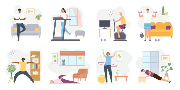 Home exercises. People meditate, do yoga, sport and fitness indoor. Active men and women workout on exercise bike and treadmill vector set Home exercises. People meditate, do yoga, sport and fitness indoor. Active men and women workout on exercise bike and treadmill vector set. Doing stretching and exercising with dumbbells woman on exercise machine stock illustrations