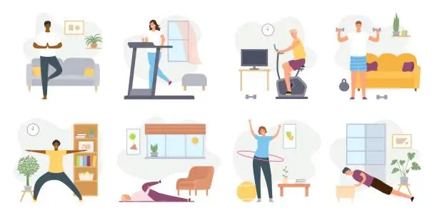 Vector illustration of Home exercises. People meditate, do yoga, sport and fitness indoor. Active men and women workout on exercise bike and treadmill vector set