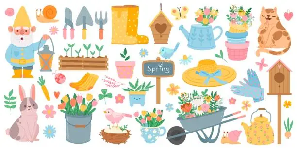 Vector illustration of Spring elements. Blooming flower, cute animals and birds. Springtime garden decoration, birdhouse, tool and plants, drawn cartoon vector set