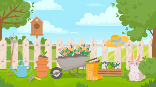 ilustrações de stock, clip art, desenhos animados e ícones de garden landscape with tools. cartoon spring poster with yard and fence, wheelbarrow, flowers, seedling and pots. gardening vector concept - tulip field flower cloud