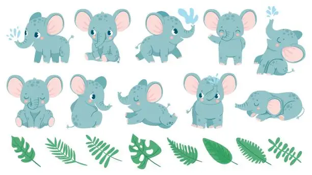 Vector illustration of Baby elephants. Cute cartoon animal and tropical leaves. Baby shower elephant sleeps, sits and does water jet. Nursery decoration vector set