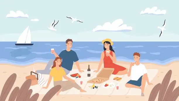Vector illustration of Picnic at beach. Group of friends chill and eat food on sea shore. Happy men and women have lunch outdoor. Holiday on seaside vector concept