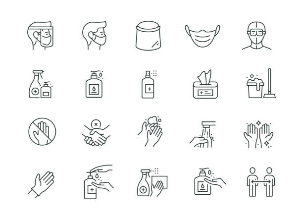 ilustraciones, imágenes clip art, dibujos animados e iconos de stock de serie de líneas delgadas de prevención de coronavirus - hand hygiene
