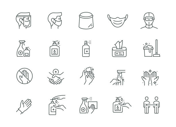 stockillustraties, clipart, cartoons en iconen met coronavirus preventie thin line-serie - desinfectie