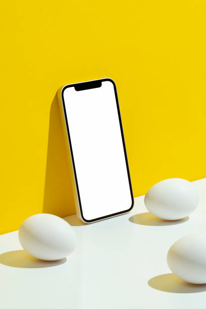 istock Eggs and phone mockup, template on yellow and white background 1302002085