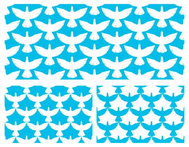 Vector illustration of Flying blue birds seamless vector wallpaper set, endless background pattern with doves in the sky, freedom eagle theme, beautiful picture.