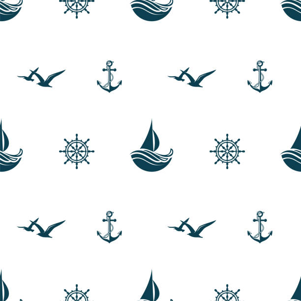 해상 원활한 패턴 - anchor harbor vector symbol stock illustrations