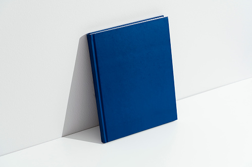Blue book cover mockup, template on white background