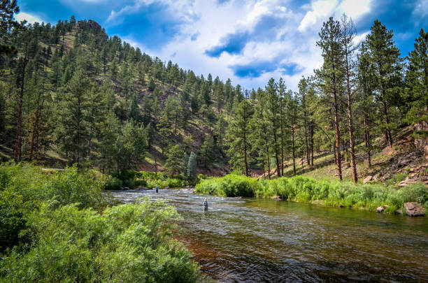 Mountain scene where fly fishing is good. Two incidental unidentifiable people are fishing.