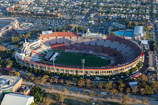 Los Angeles, California, USA - August 7, 2017:  Aerial view of the historic LA Coliseum stadium near downtown and USC.