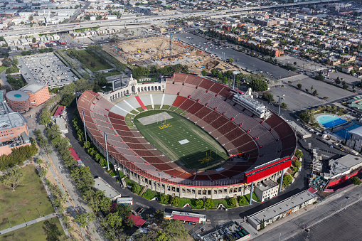 Los Angeles, California, USA - April 12, 2017:  Aerial view of the historic Coliseum stadium near downtown and USC.