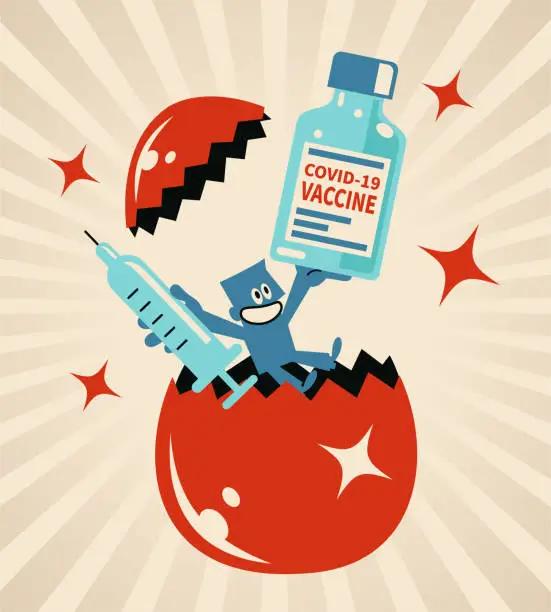 Vector illustration of Happy blue man turning up from a giant breaking egg and carrying covid-19 vaccine