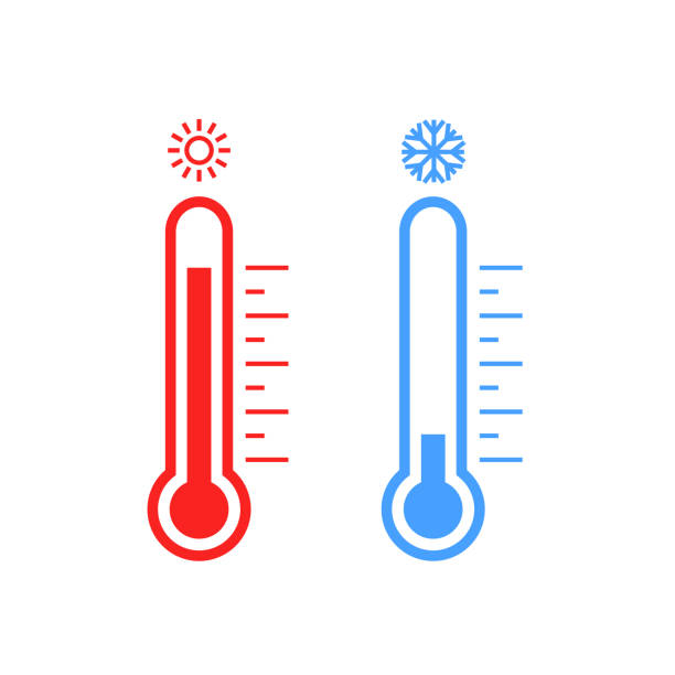 illustrations, cliparts, dessins animés et icônes de graphisme froid et chaud de thermomètre. indicateur de refroidissement chaud de temps de vecteur de température de gel - barometer heat thermometer sun