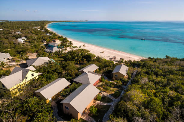 Aerial view above the Shannas Cove Aerial view above the Shannas Cove cottages and beach in Orange Creek, Cat Island, Bahamas exuma stock pictures, royalty-free photos & images