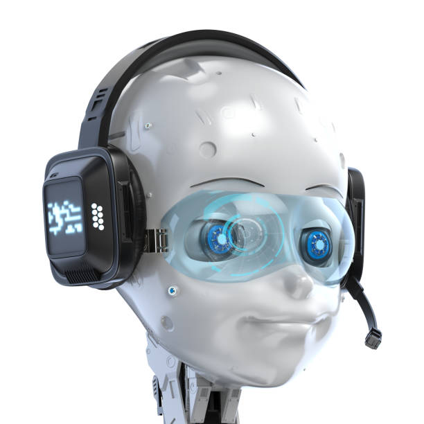 istock Cute robot with cartoon character wear headset 1302017740