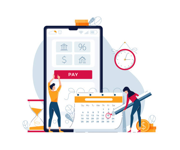 ilustrações de stock, clip art, desenhos animados e ícones de monthly payment vector illustration. man and woman pay regular payments online and make notice in calendar. keep up with monthly payments concept. modern flat cartoon design - monthly