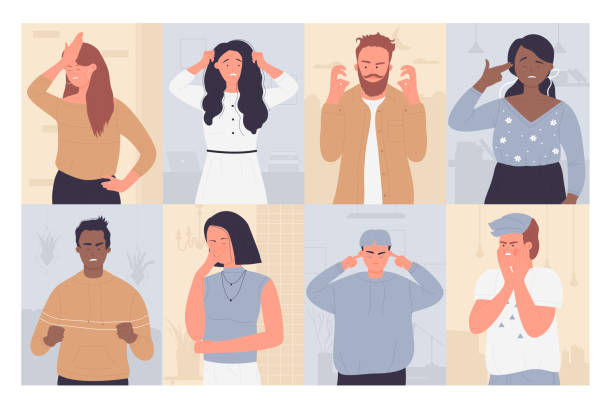 Upset annoyed people set, cartoon sad characters in bad failure situation, face palm Upset annoyed people vector illustration set. Cartoon sad unhappy disappointed adult characters in bad failure situation, with face palm gesture, touch head in headache, disappointment or shame wrath of god stock illustrations