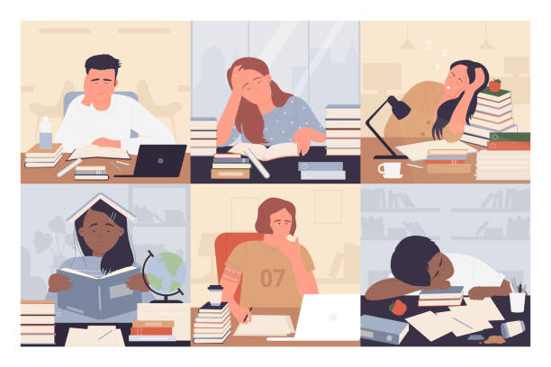 Bored students study set, cartoon young characters sitting on desk, doing homework Bored students study vector illustration set. Cartoon young exhausted woman man student characters sitting on desk with books while studying boring and doing homework, frustrated people working bored teen stock illustrations