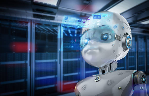 istock Cute robot with cartoon character 1302030234