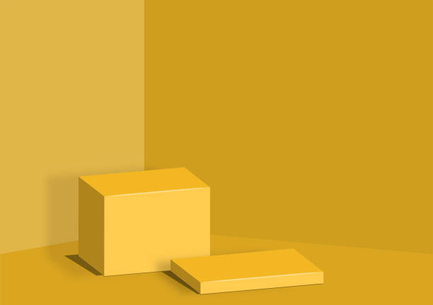 istock Cube pedestal template yellow tone. Studio scene for product, display, show, on yellow background.  Modern backdrop. Minimal style. Vector illustration. 1302031270