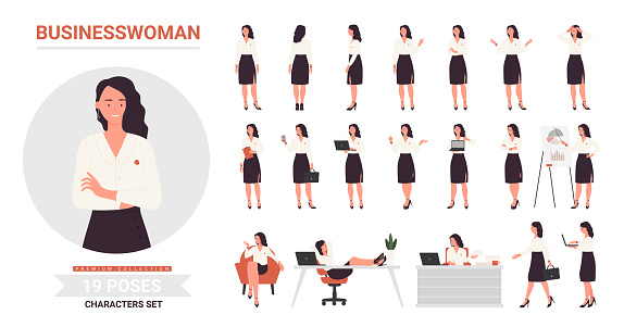 Businesswoman character poses infographic vector illustration set. Cartoon front side and back view of young woman business corporate office worker, lady working on laptop postures isolated on white