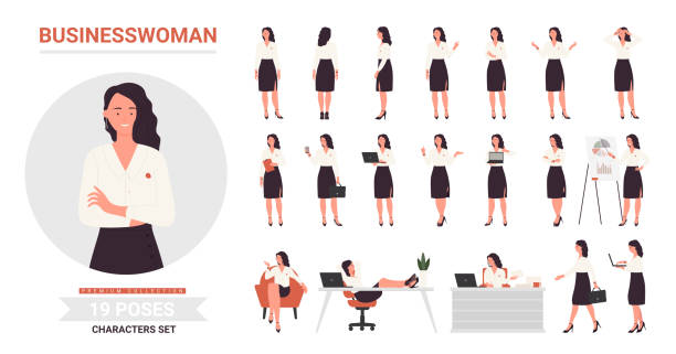 Businesswoman character poses set, front side and back view of office worker woman Businesswoman character poses infographic vector illustration set. Cartoon front side and back view of young woman business corporate office worker, lady working on laptop postures isolated on white businesswoman illustrations stock illustrations