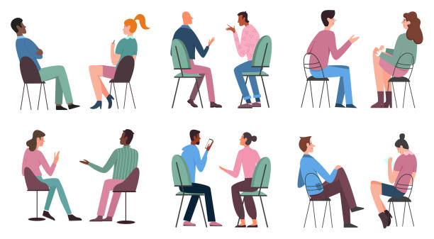 People sit on chairs set, man woman characters in casual clothes sitting on stools People sit on chairs vector illustration set. Cartoon man woman characters in casual clothes sitting on stools or chairs collection, holding smartphone, chatting with friends isolated on white this side is for address only stock illustrations