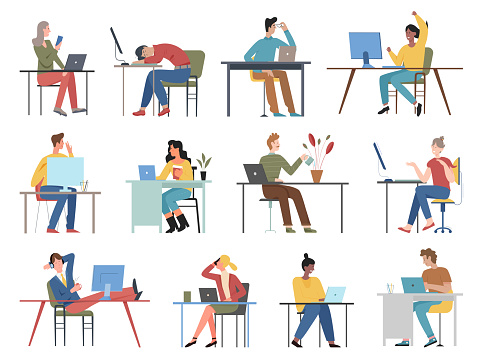 People sit at table poses vector illustration set. Cartoon man woman office worker characters in casual clothes sitting with computer laptop at desk and working in different postures isolated on white