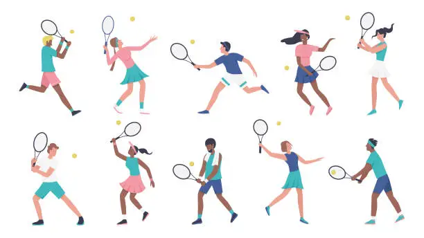 Vector illustration of Workout playing tennis set, woman man in sportsman uniform holding rackets, hitting ball