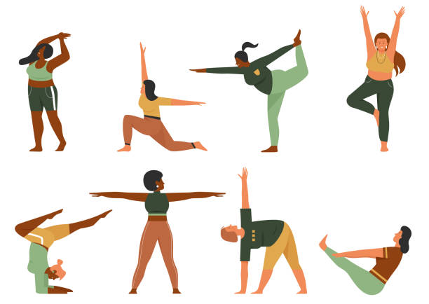 frau tun yoga pose set, cartoon glücklich plus größe weibliche yogist charakter in sportbekleidung - physical therapy illustrations stock-grafiken, -clipart, -cartoons und -symbole