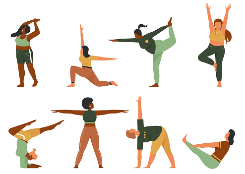 Woman doing yoga pose vector illustration set. Cartoon happy multinational plus size female yogist character in sportswear stretch body, fat girls practicing different asana postures isolated on white