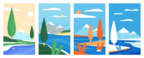Vector illustration of Mountain simple nature landscape set, minimalist natural seasonal vertical banners