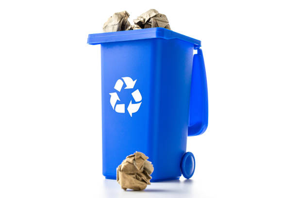 istock Recycled paper. Blue dustbin for recycle plastic and glass can trash isolated on white background. Bin container for disposal garbage waste and save environment. 1302039326
