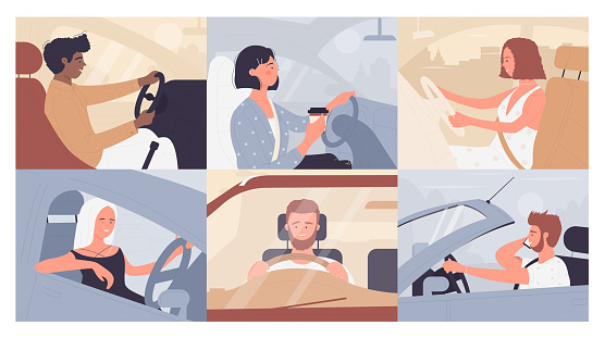 People travel, drive auto on vacation car road trip vector illustration set. Cartoon happy young man woman driver characters sitting in automobile, driving vehicle in roadtrip background collection