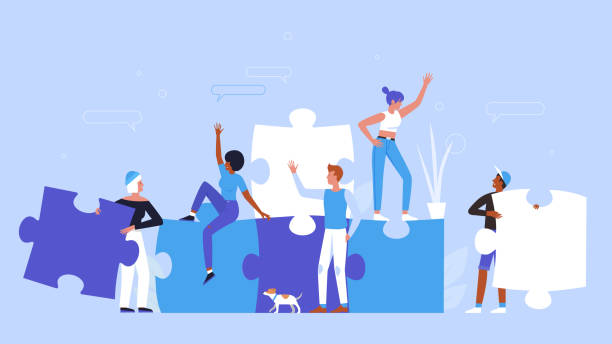 ilustrações de stock, clip art, desenhos animados e ícones de people building creative puzzle concept, holding jigsaw pieces to create success idea - partnership cooperation teamwork puzzle