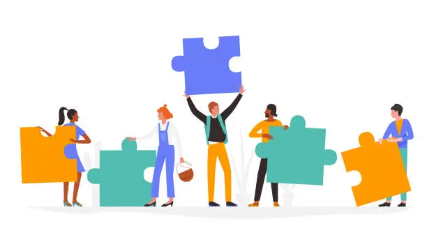 Vector illustration of People with puzzle concept, man woman holding puzzle jigsaw pieces, standing together