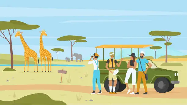 Vector illustration of African safari nature tour, tourists group with binoculars and car, landscape tourism