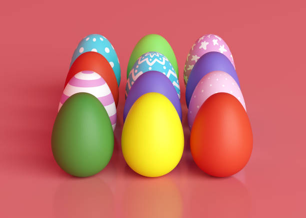 istock Decorated eggs on a pink background. Easter holiday. 3D rendering and 3D illustration. 1302041300
