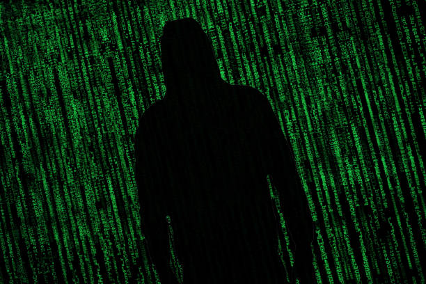 hacker concept de sécurité internet. silhouette de hacker sur le fond de matrice - morpheus photos et images de collection