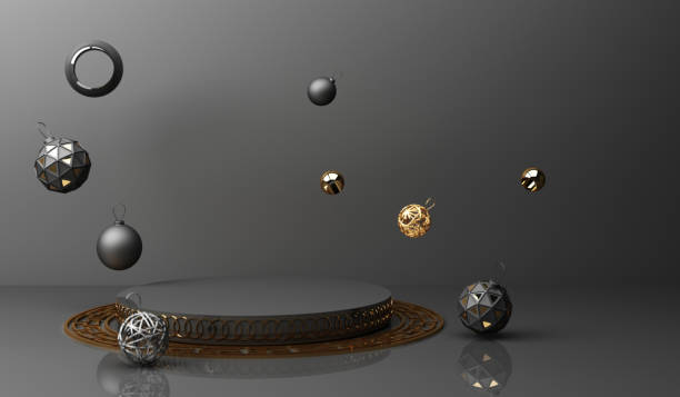 istock Golden podium display mockup on black abstract background with geometric shape product minimal china presentation, 3d rendering. 1302045648