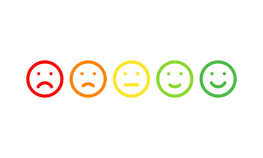 five different colors and moods smiles, outline vector icons set