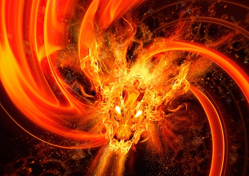 3D illustration of a spirally swirling fire dragon
