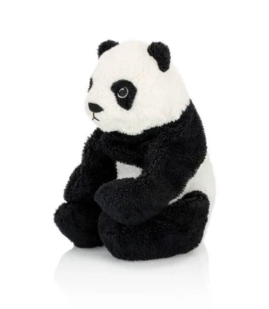 Photo of Giant panda plushie doll isolated on white background with shadow reflection. Plush stuffed puppet on white backdrop. Fluffy panda bear toy for children. Cute furry animal plaything for kids.